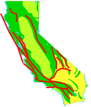 Les failles dans les plaques tectoniques de la Californie, en rouge sur la carte