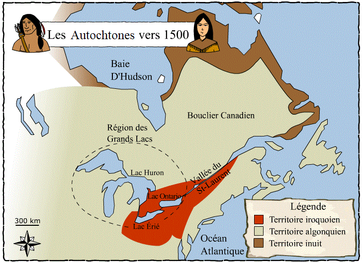 ​Répartition des trois familles linguistiques sur le territoire du nord-est de l'Amérique, vers 1500