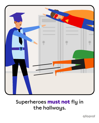 Two superheroes are flying in a hallway and a teacher reminds them the rule.