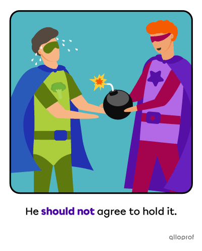 A superhero asks another one to hold a bomb.