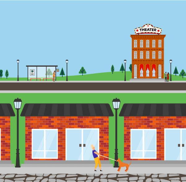 Illustration of a Residential Neighbourhood in the Forefront and a Tourist Area in the Background.