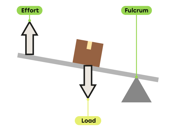 A long board is supported at one end by the fulcrum. The effort force is applied at the other end. There is a box (load) in the middle of the board.