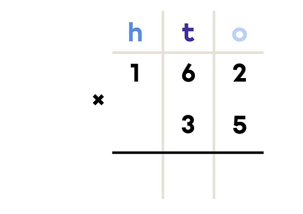 Multiply 35 by 162 using the column method - step 1 of 5