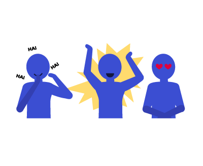 A person laughing, an excited person and a person with hearts for eyes.