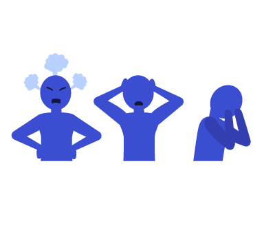 A character fuming with anger, a character holding its head and a character with its head hanging low.