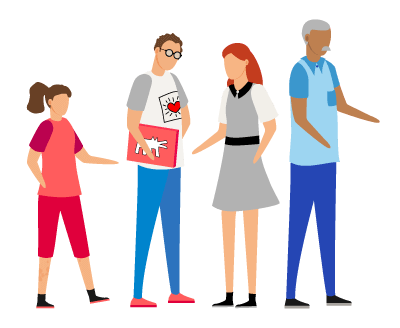 Four characters: a young woman, a young man, a little girl and an older man.