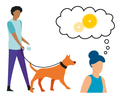 A person walking a dog and a person thinking.