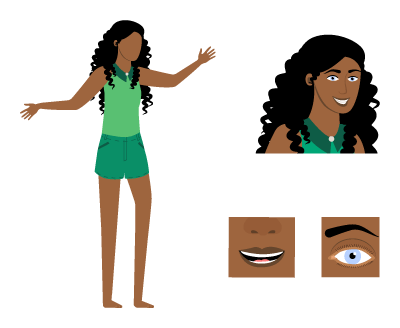 A character with a zoomed-in head, eye and mouth