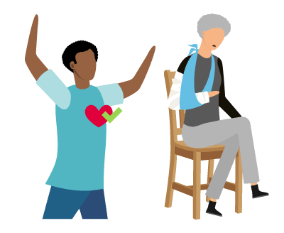 A healthy person, shown with a check mark on the heart, and a person with a broken arm.