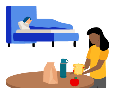 A person packing a lunch and a person sleeping.