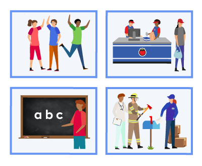 Friends hanging out, a teacher writing on a blackboard, clerks and a customer in a shop, a doctor, a firefighter and a postal worker.