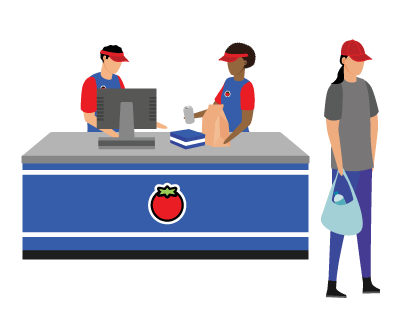 Clerks and a customer in a shop.