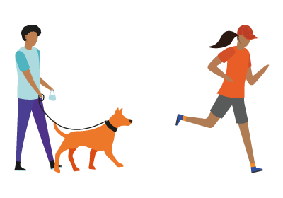 A person walking a dog and a person jogging.