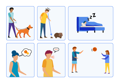 A person walking a dog, a person sleeping, a person talking, a person thinking, a person noticing wombat poop on the carpet and two people tossing a ball.