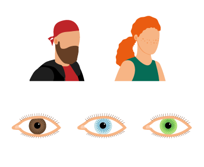 A person with a beard, a person with freckles and eyes of different colours.
