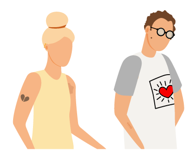 A person with a tattoo, a piercing and a mole and one wearing glasses.