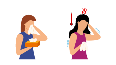 A person blowing her nose next to someone that is shivering and running a fever.
