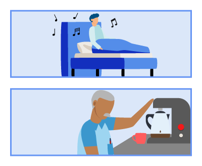 A person waking up and another making coffee.