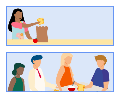 A person packing a lunch and a group of people eating together.