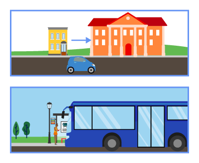 A person driving to work and another taking the bus.