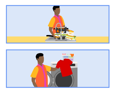 A person doing the dishes and another doing the laundry.