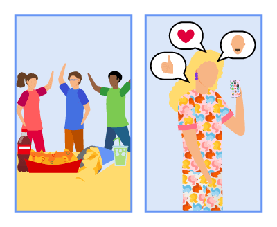 Friends hanging out and a person looking at social media.