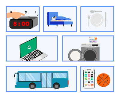 An alarm clock, a person sleeping, a plate with a fork and a knife, a laptop, a washing machine, a bus, a cellphone and a basketball.