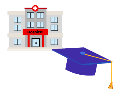 Illustration of a hospital and a graduation hat.