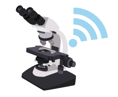 Illustration of a microscope and the symbol for Wi-Fi connection.