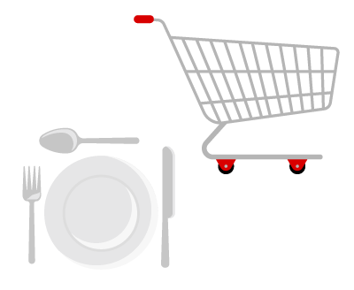 Illustration of eating utensils with a plate and a shopping cart.