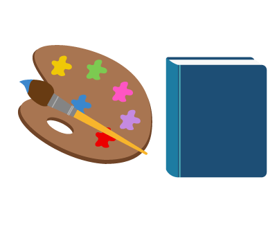 Illustration of a painter’s palette and a novel.