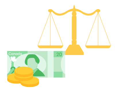 Illustration of coins and a scale (the symbol of justice).