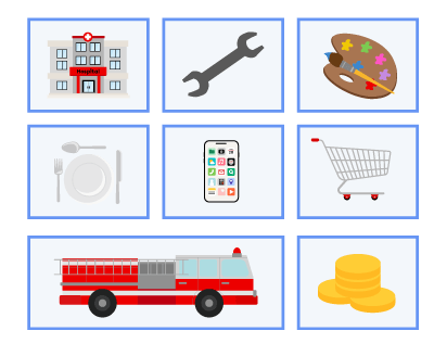 Illustrations of a hospital, a wrench, a painter’s palette, eating utensils and a plate, a cellphone, a shopping cart, a fire engine and coins.