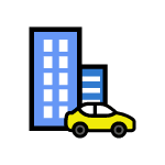 A city street with buildings and a car.