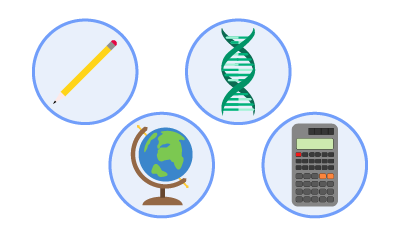 A pencil, a science symbol, a world globe and a calculator.