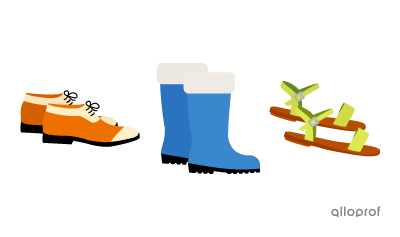 A pair of shoes, a pair of boots and a pair of sandals.