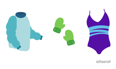 A winter coat, a pair of mittens and a swimsuit.