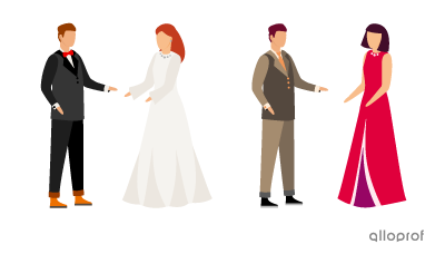 4 people: one is wearing a tuxedo, one a wedding dress, one a suit and one an evening gown.