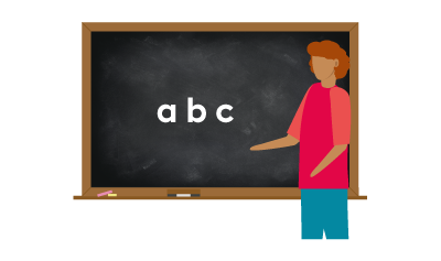 A teacher in front of a blackboard.