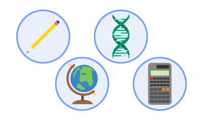 A pencil, a DNA strand, a globe and a calculator.