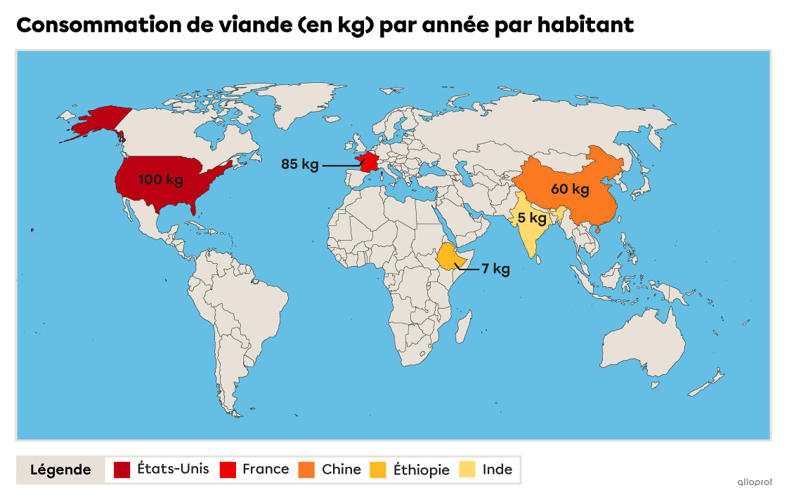 Mappemonde montrant la moyenne de la consommation de viande par année par habitant. 