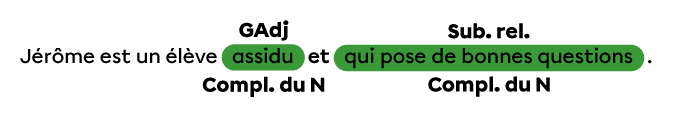 Un groupe adjectival et une subordonnée relative coordonnés qui occupent la fonction de complément du nom.