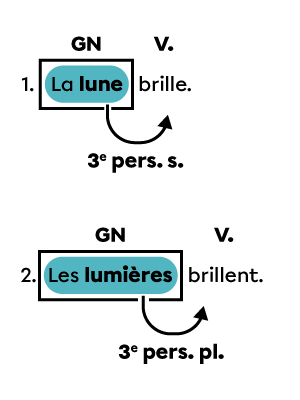 Deux phrases dans lesquelles le nom d’un groupe du nom donne sa personne et son nombre au verbe.    