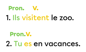 Le pronom Ils accompagnent le verbe visitent et le pronom Tu accompagne le verbe es. 