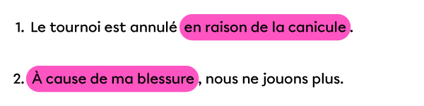 Les compléments de phrase en raison de la canicule et à cause de ma blessure expriment une cause. 