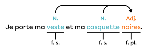 Exemple de phrase dans laquelle l’adjectif s’accorde en genre avec les deux noms qu’il accompagne et devient pluriel.