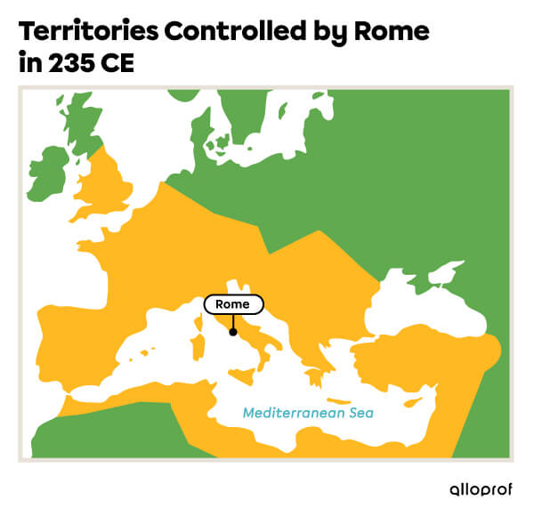 Map of the territories controlled by Rome in 235 CE.