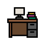 Icon of a desk with a computer and a stack of books on it. 