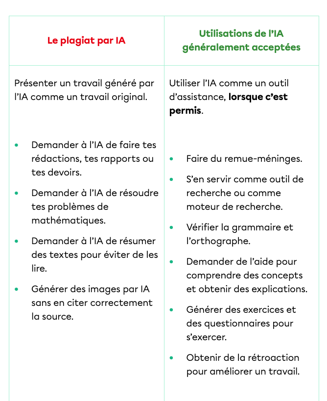 Tableau de la fiche sur le plagiat