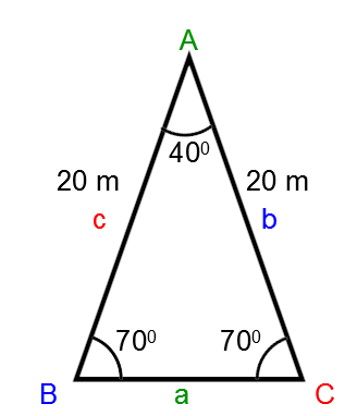 On cherche des mesures inconnues dans un triangle isocèle grâce à la loi des sinus.